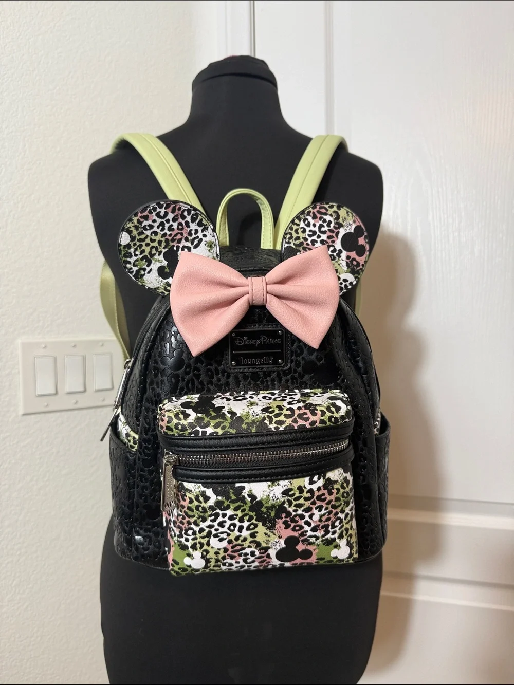 Loungefly Black Leopard Minnie Ear Mini Backpack with Pink Bow and Lime Straps